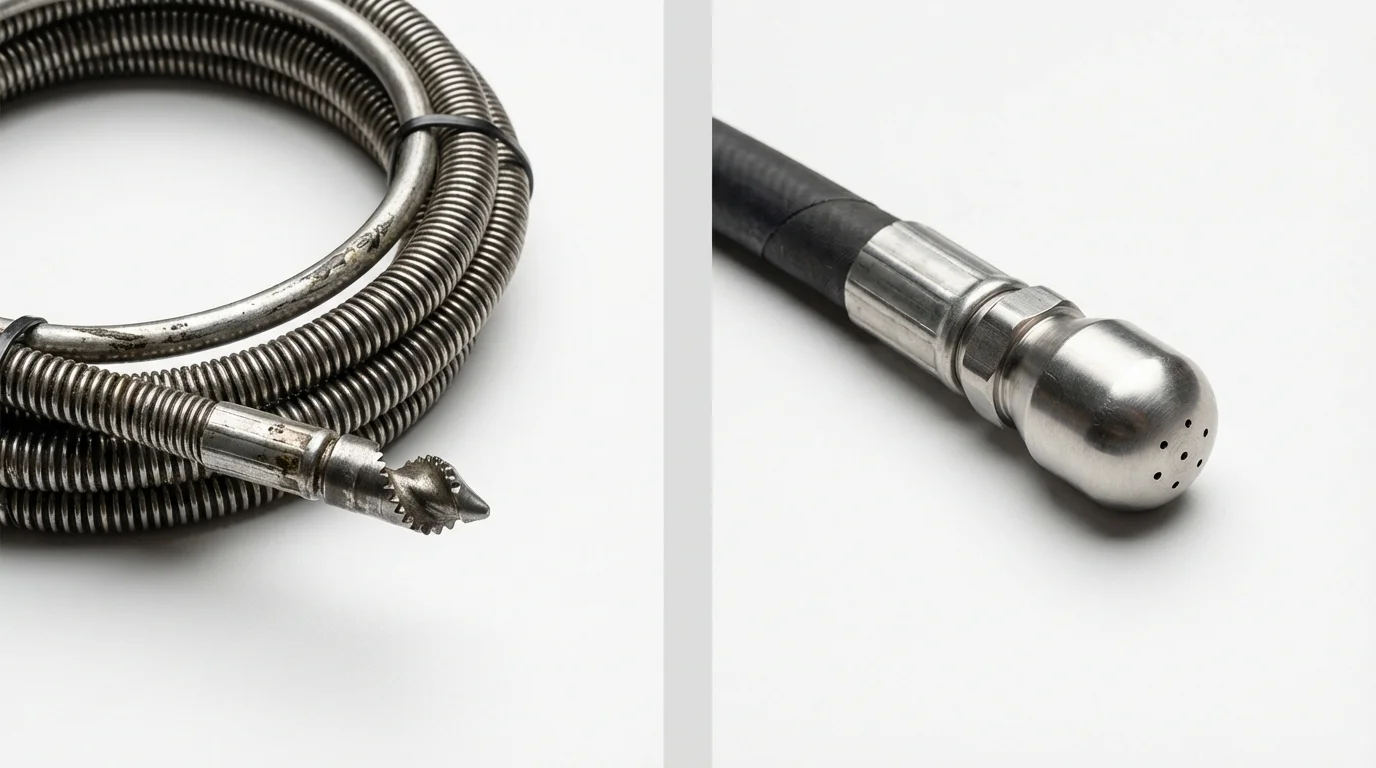 Drain snake cable and hydro jetting nozzle used for drain cleaning in Westminster, CA