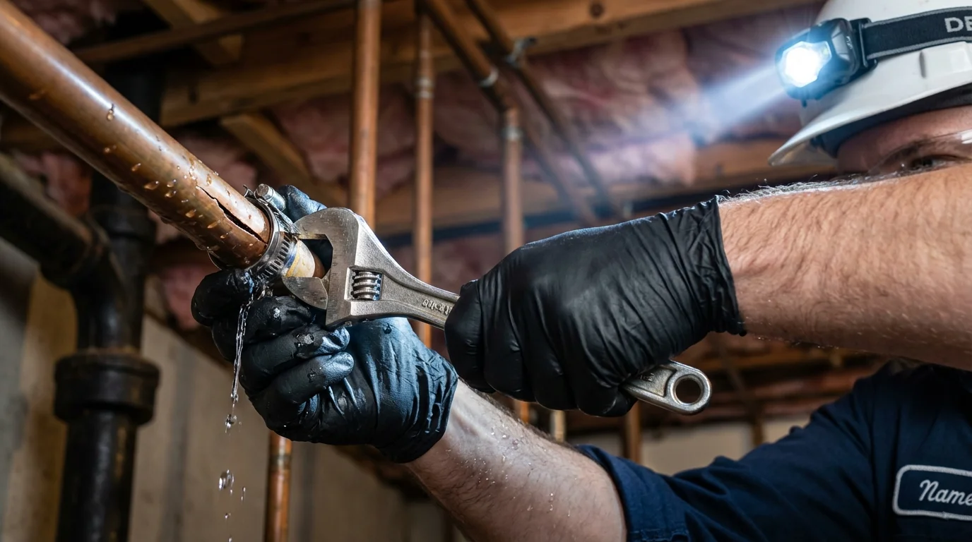 Emergency pipe clamp repair being performed by a Johns Plumbing LLC plumber in Westminster