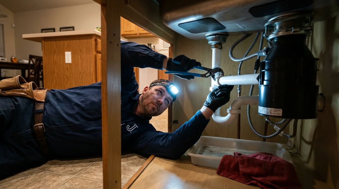 P-trap and supply line connections under a kitchen sink showing a common leak point in Westminster, CA